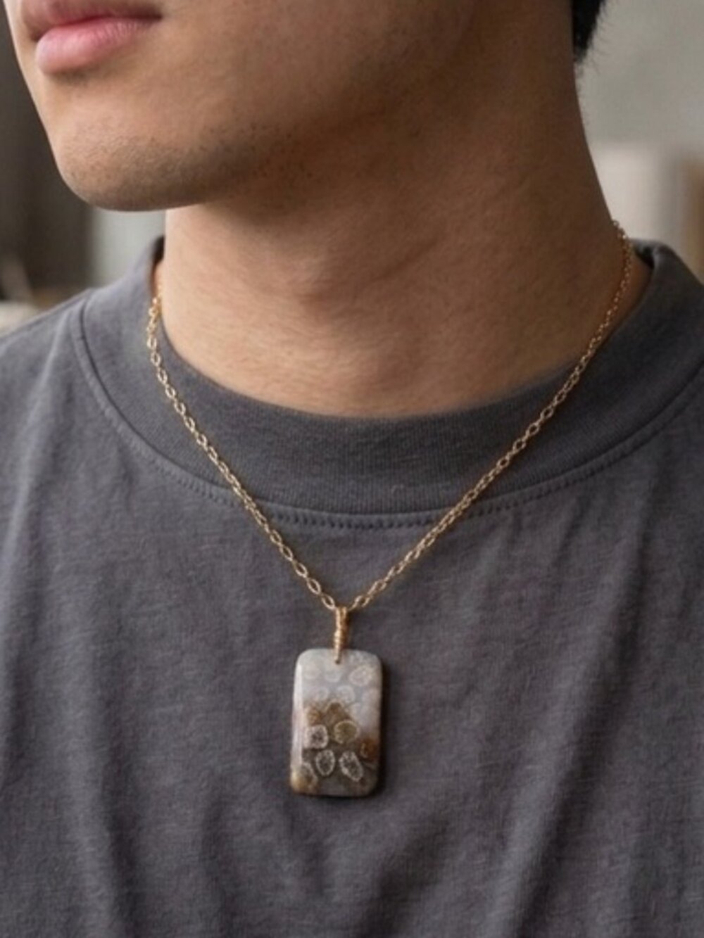 Unisex Natural Fossil Coral Pendant Necklace | Gold Wire Wrapped | Arched Stone